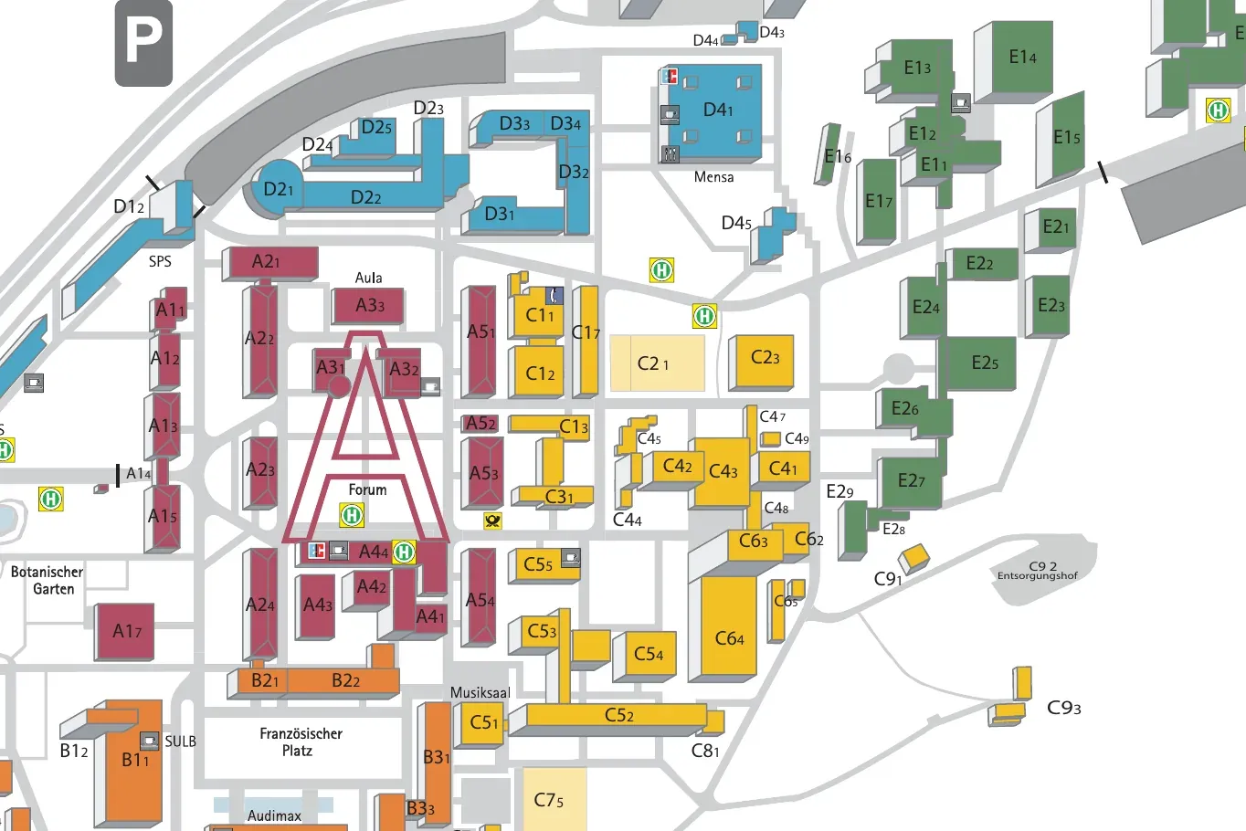 Saarland University campus map with buildings A5 4 and E1 7 marked